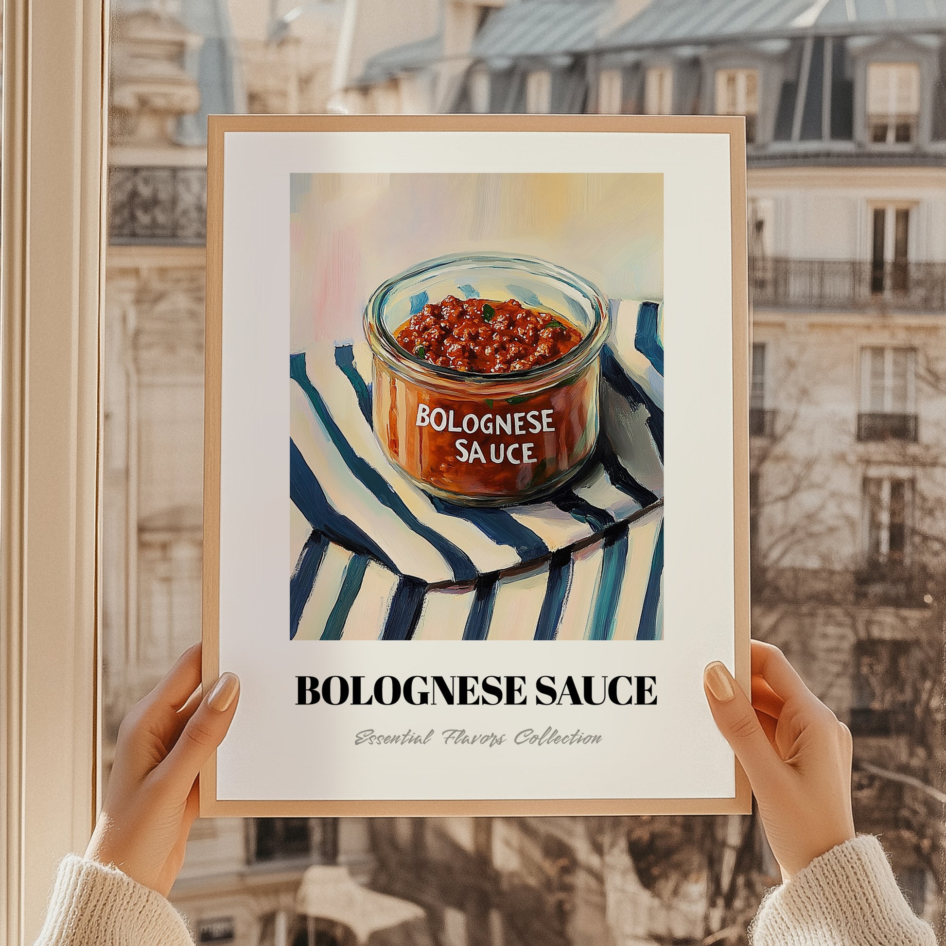 Bolognese Sauce – on Striped Tablecloth, Pantry Illustration, styled in a charming Paris street view