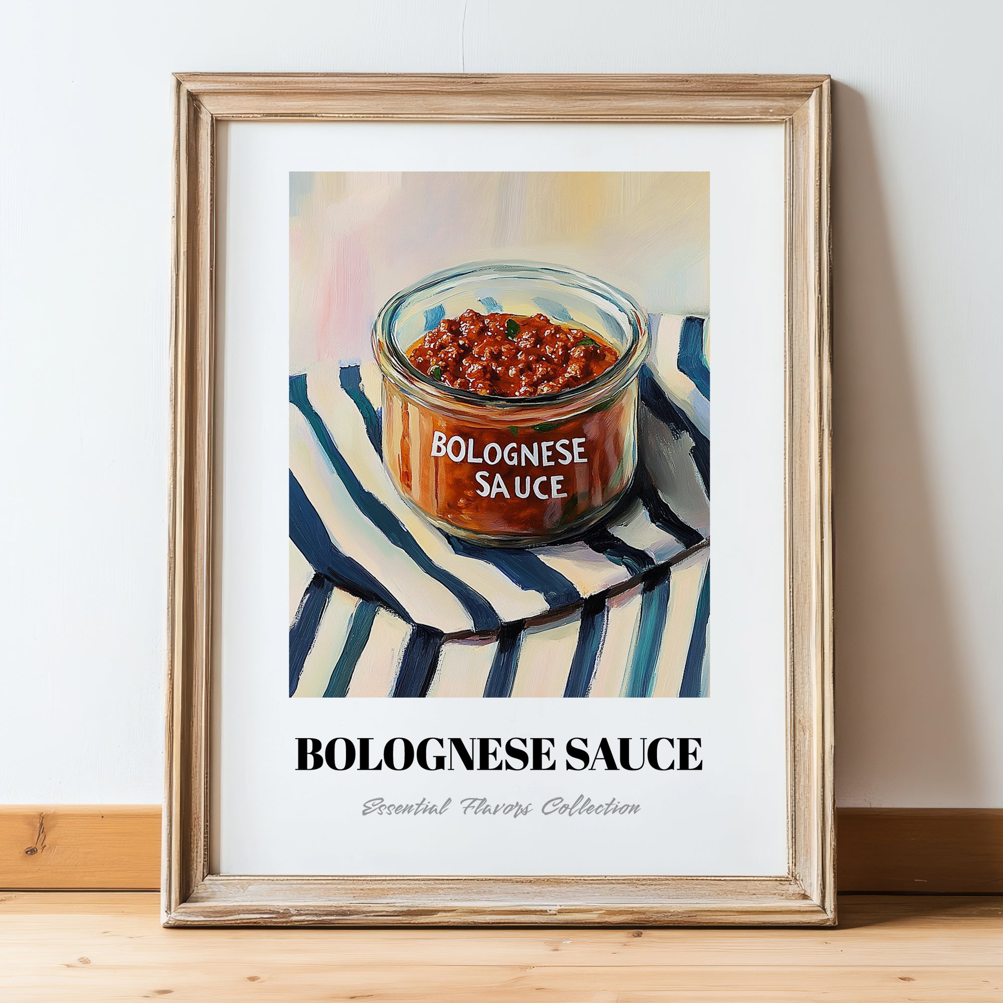Bolognese Sauce – on Striped Tablecloth, Pantry Illustration, in wooden frame leaning on the floor