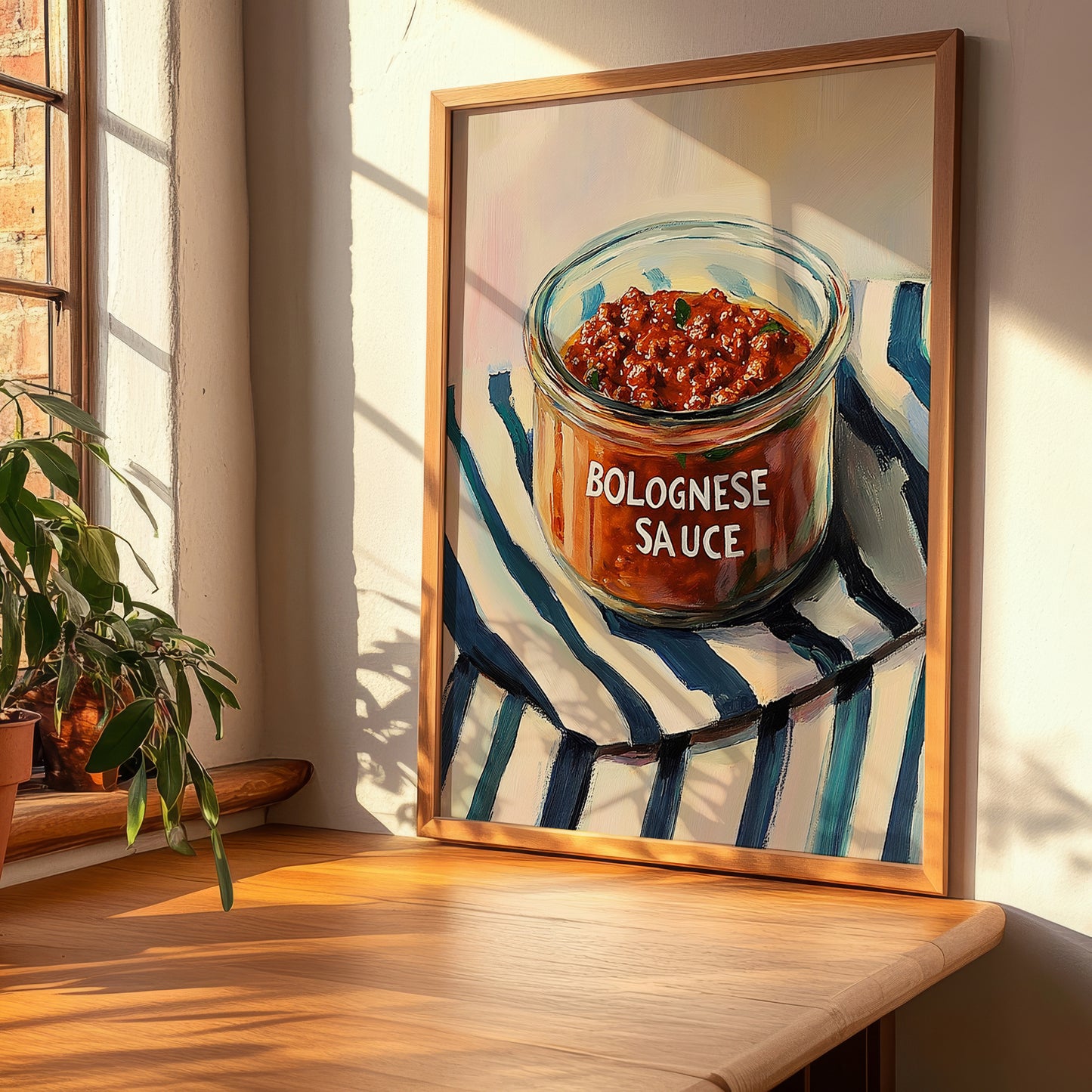 Bolognese Sauce – on Striped Tablecloth, Pantry Illustration, clean layout with no caption