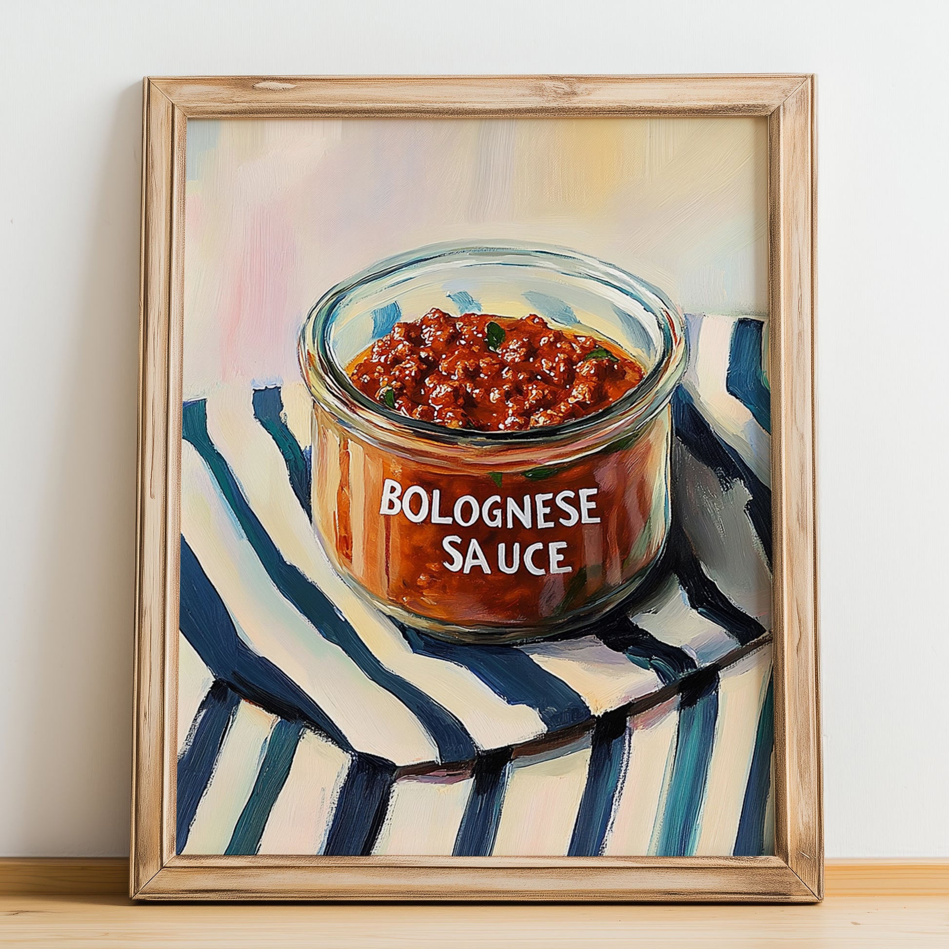 Bolognese Sauce – on Striped Tablecloth, Pantry Illustration, no-text version framed in wood