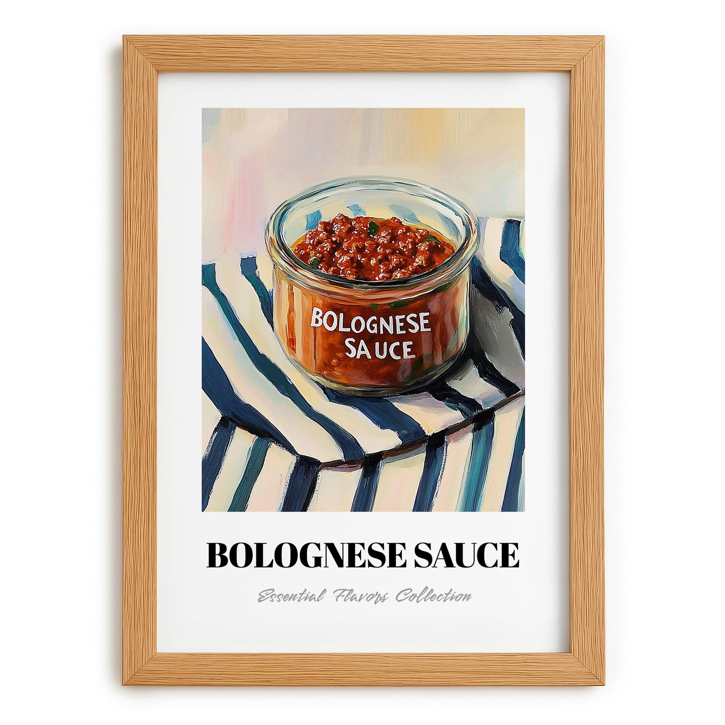 Bolognese Sauce – on Striped Tablecloth, Pantry Illustration, set in oak frame