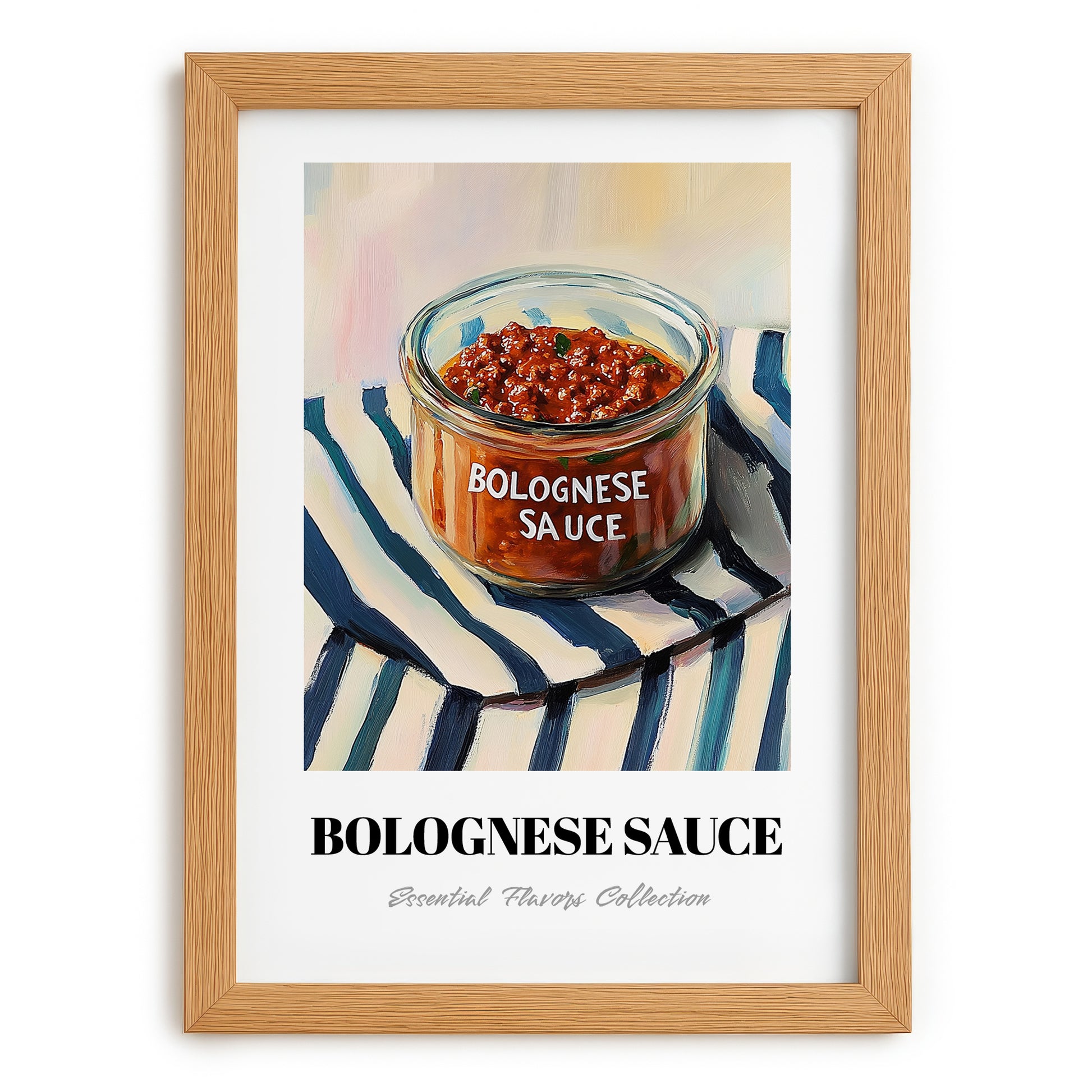 Bolognese Sauce – on Striped Tablecloth, Pantry Illustration, set in oak frame