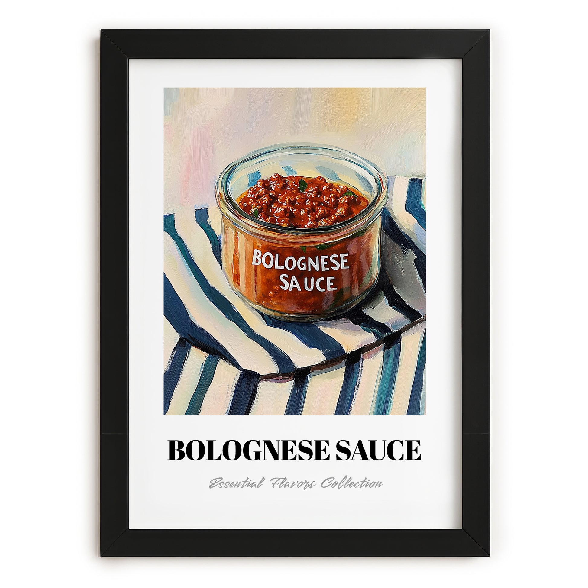Bolognese Sauce – on Striped Tablecloth, Pantry Illustration, in sleek black frame