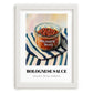 Bolognese Sauce – on Striped Tablecloth, Pantry Illustration, placed in minimal white frame