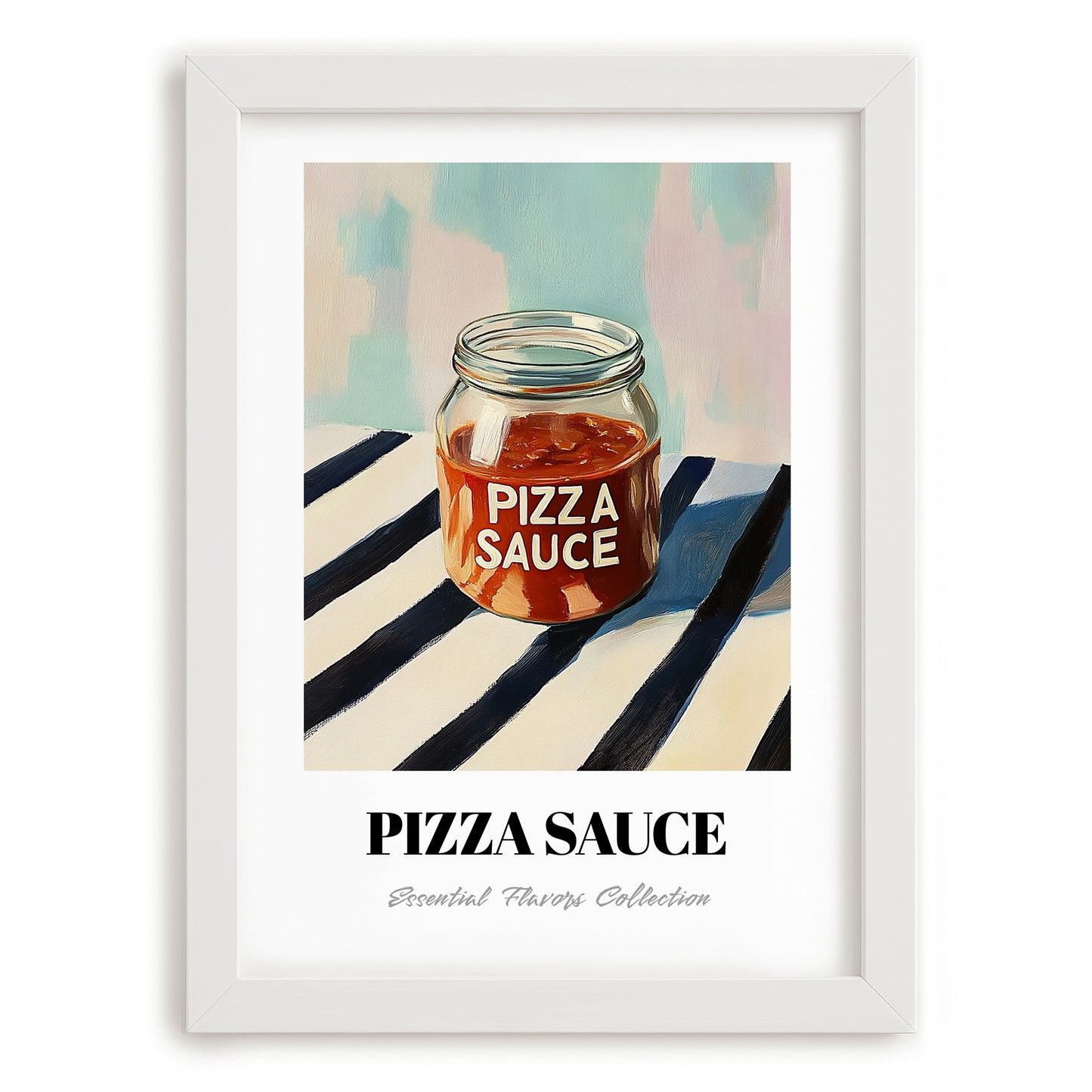 Pizza Sauce – on Striped Tablecloth, Food Stash Wall Decor, placed in minimal white frame