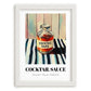 Cocktail Sauce – on Striped Tablecloth, Ingredients Corner Poster, placed in minimal white frame