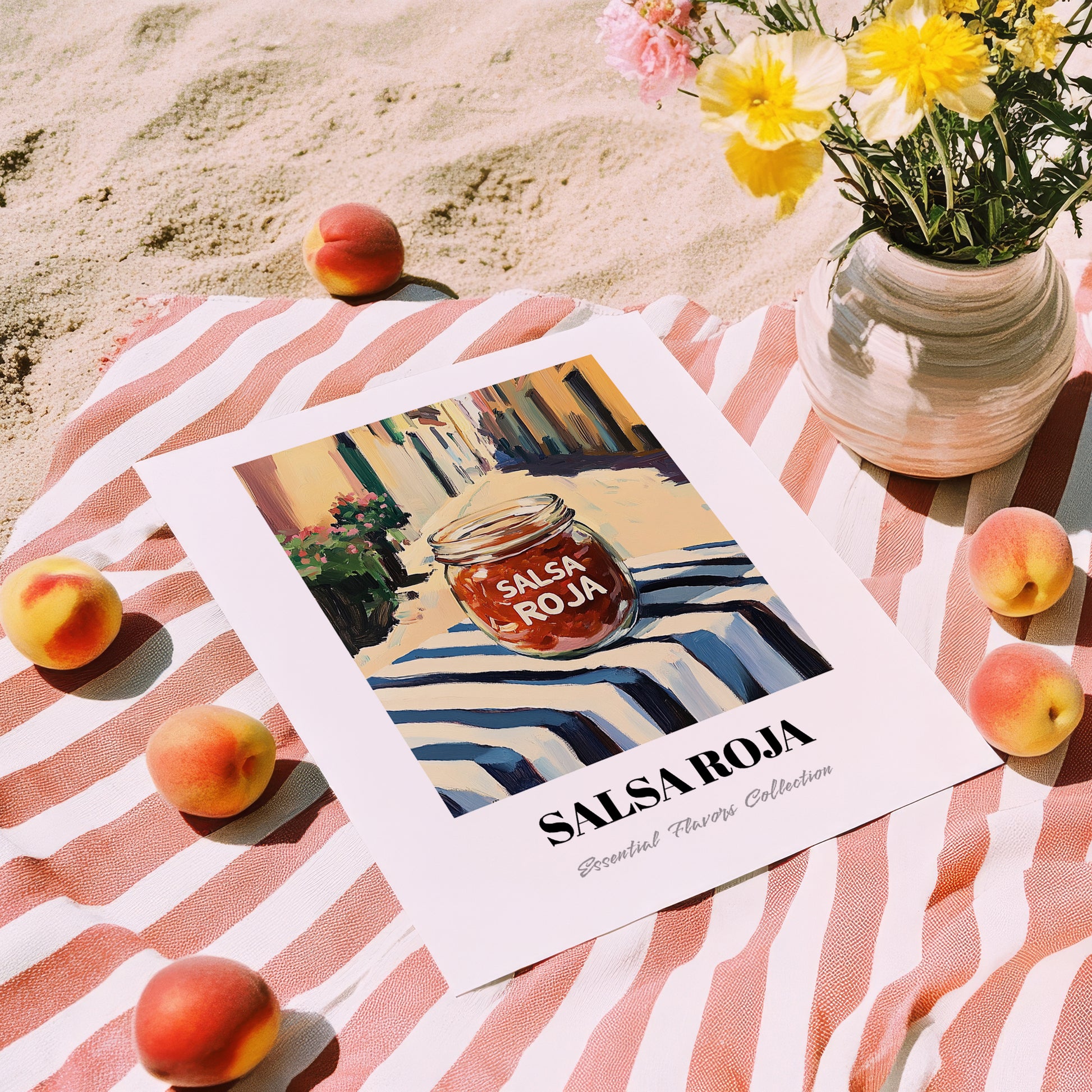 Salsa Roja – Italian Street Café Scene, Pantry Illustration, unframed on coastal sand