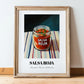 Salsa Roja – on Striped Tablecloth, Food Shelf Poster, in wooden frame leaning on the floor