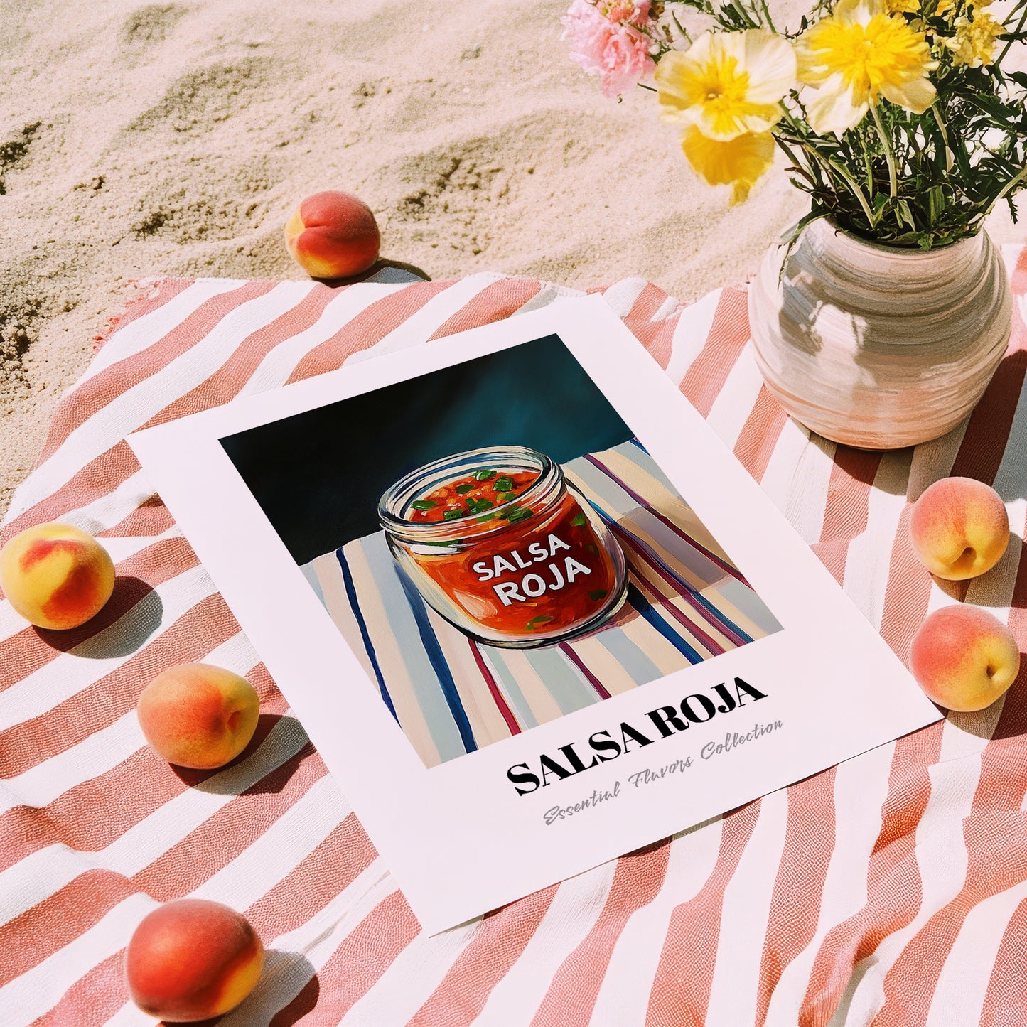 Salsa Roja – on Striped Tablecloth, Food Shelf Poster, unframed on coastal sand
