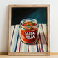 Salsa Roja – on Striped Tablecloth, Food Shelf Poster, no-text version framed in wood