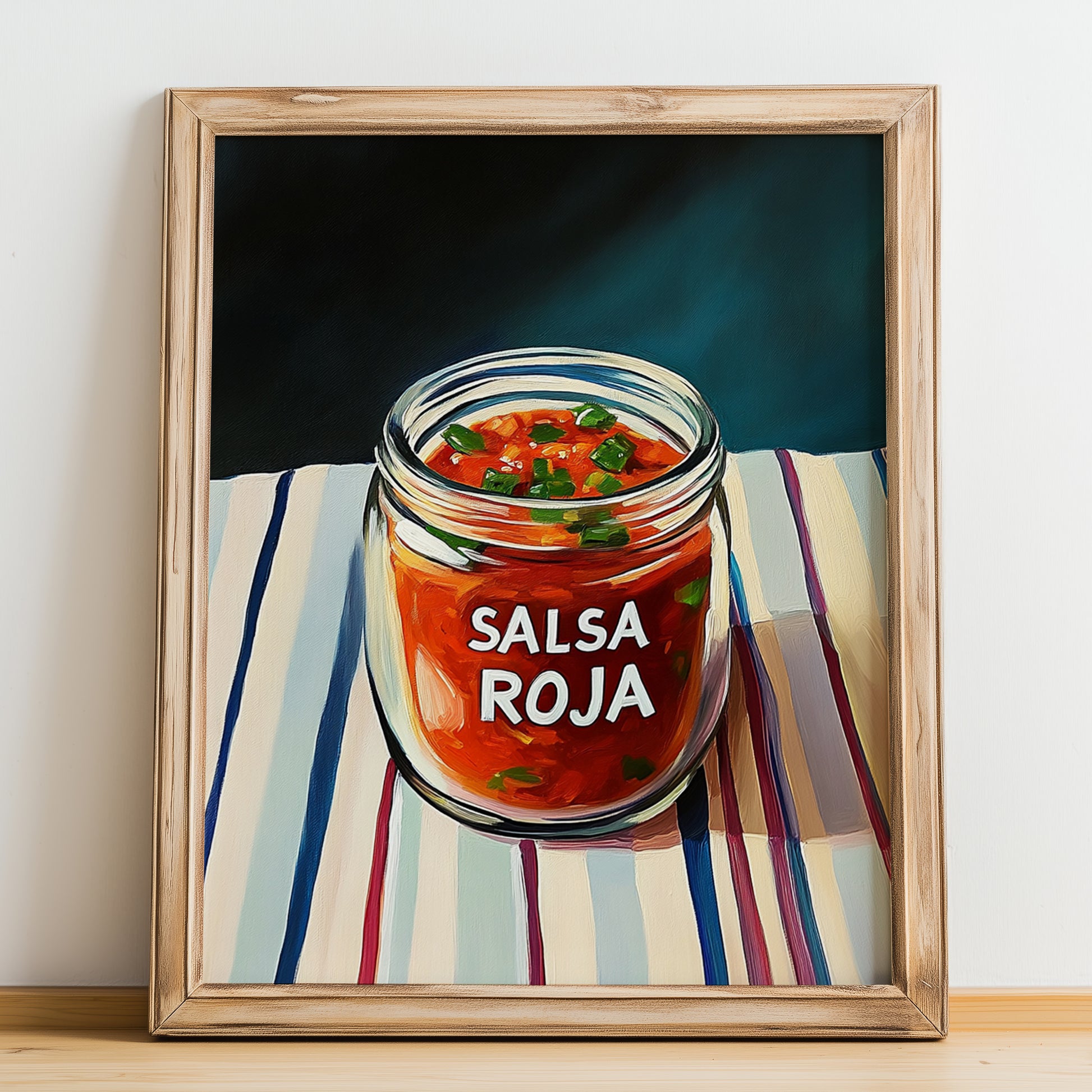 Salsa Roja – on Striped Tablecloth, Food Shelf Poster, no-text version framed in wood