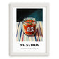 Salsa Roja – on Striped Tablecloth, Food Shelf Poster, placed in minimal white frame