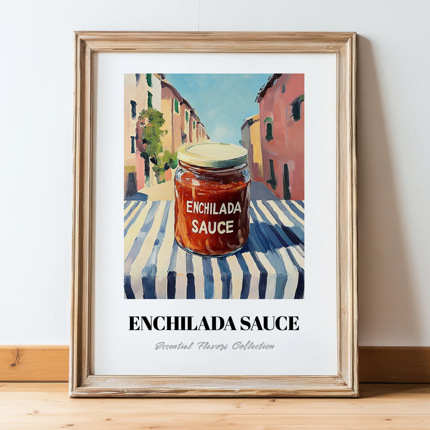 Enchilada Sauce – Italian Outdoor Café Scene, Food Stash Wall Art, in wooden frame leaning on the floor