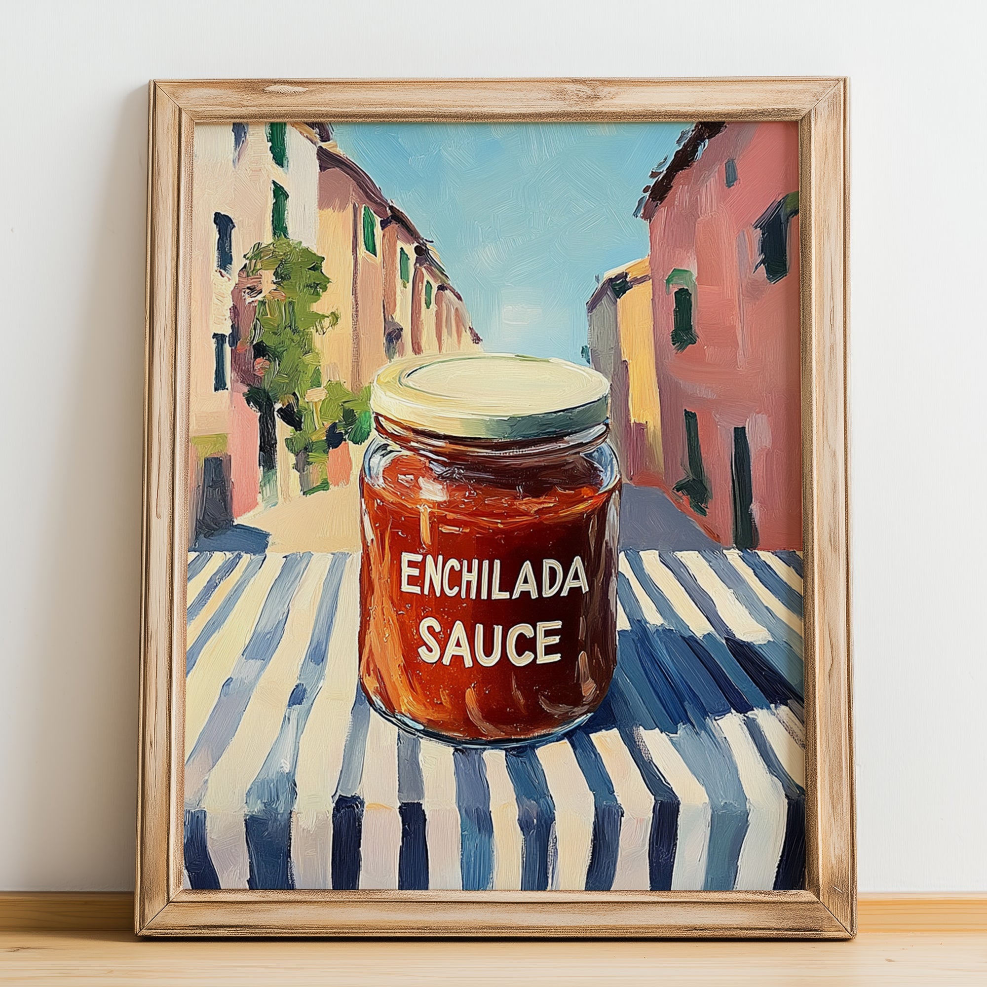 Enchilada Sauce – Italian Outdoor Café Scene, Food Stash Wall Art, no-text version framed in wood