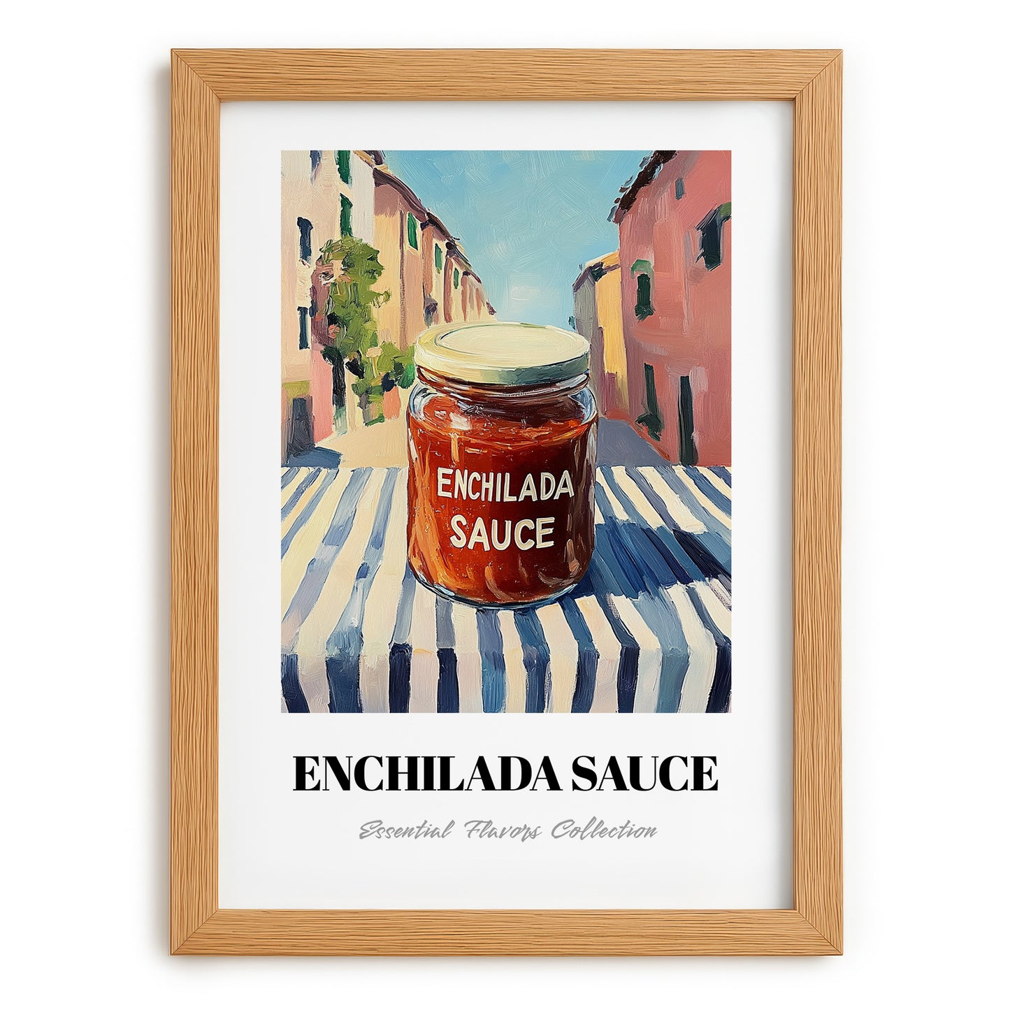 Enchilada Sauce – Italian Outdoor Café Scene, Food Stash Wall Art, set in oak frame