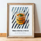 Tikka Masala Sauce – on Striped Tablecloth, Grocery Still Life, in wooden frame leaning on the floor