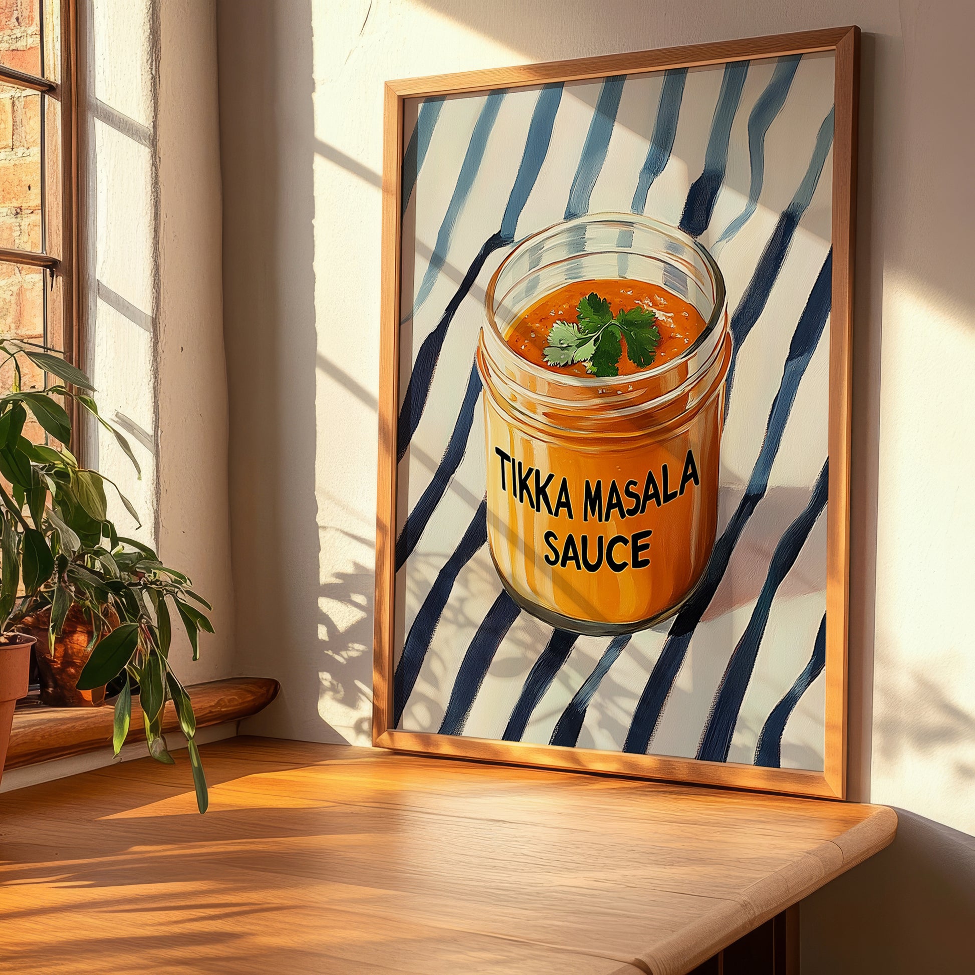 Tikka Masala Sauce – on Striped Tablecloth, Grocery Still Life, clean layout with no caption