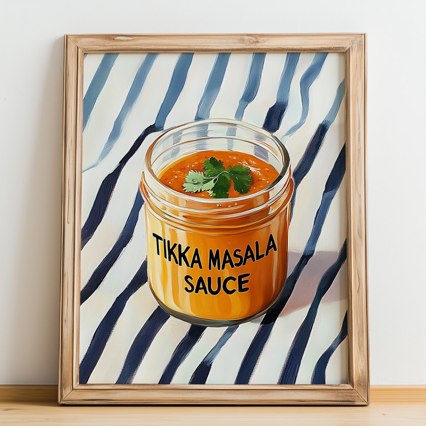 Tikka Masala Sauce – on Striped Tablecloth, Grocery Still Life, no-text version framed in wood