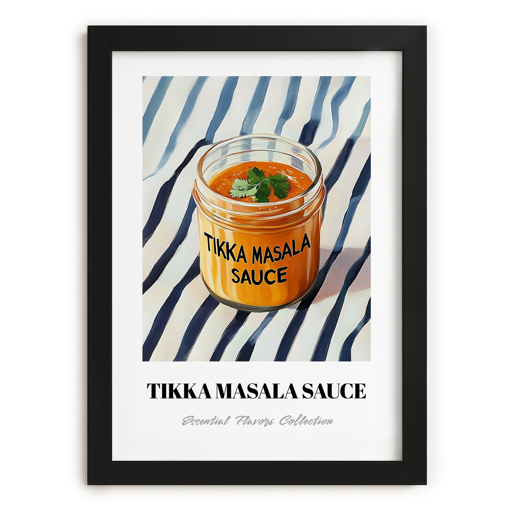 Tikka Masala Sauce – on Striped Tablecloth, Grocery Still Life, in sleek black frame