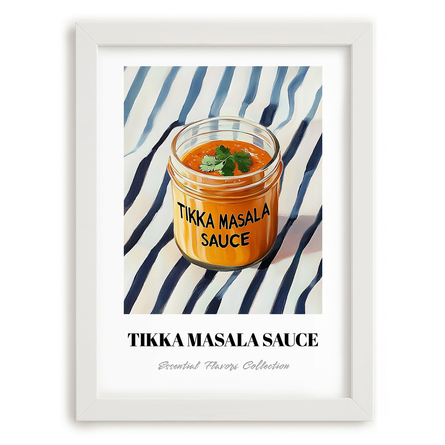 Tikka Masala Sauce – on Striped Tablecloth, Grocery Still Life, placed in minimal white frame