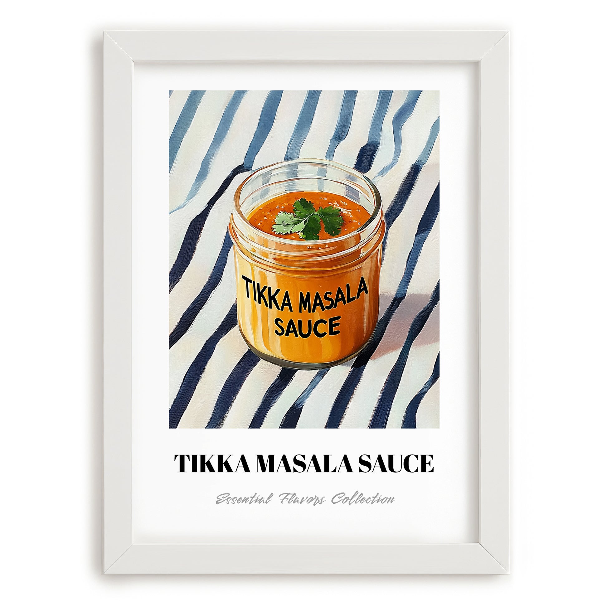 Tikka Masala Sauce – on Striped Tablecloth, Grocery Still Life, placed in minimal white frame
