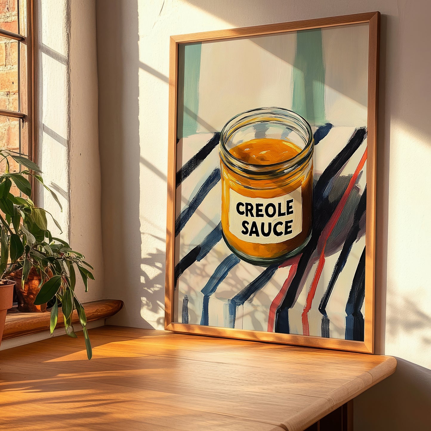 Creole Sauce – on Striped Tablecloth, Grocery Illustration, clean layout with no caption