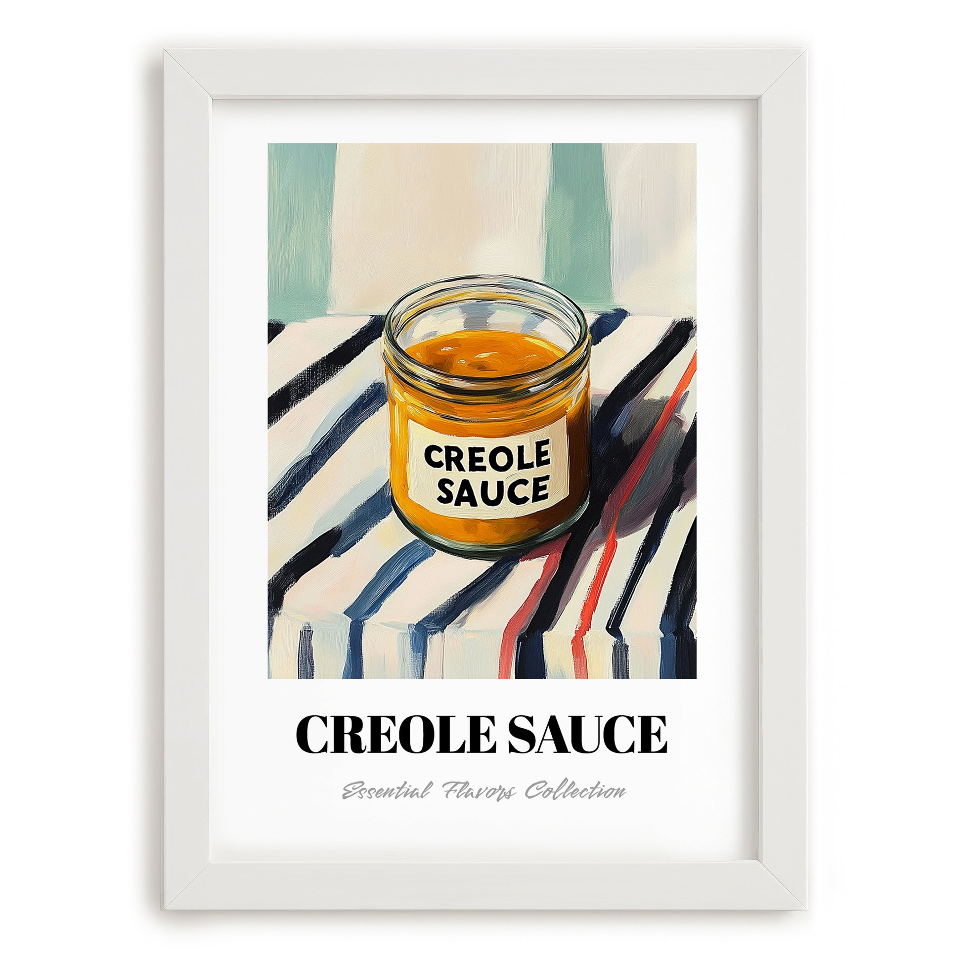 Creole Sauce – on Striped Tablecloth, Grocery Illustration, placed in minimal white frame
