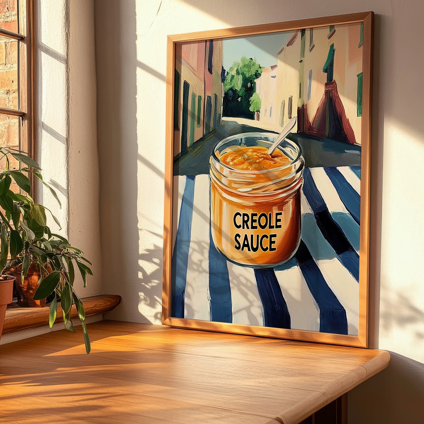 Creole Sauce – Italian Outdoor Café Scene, Food Shelf Illustration, clean layout with no caption