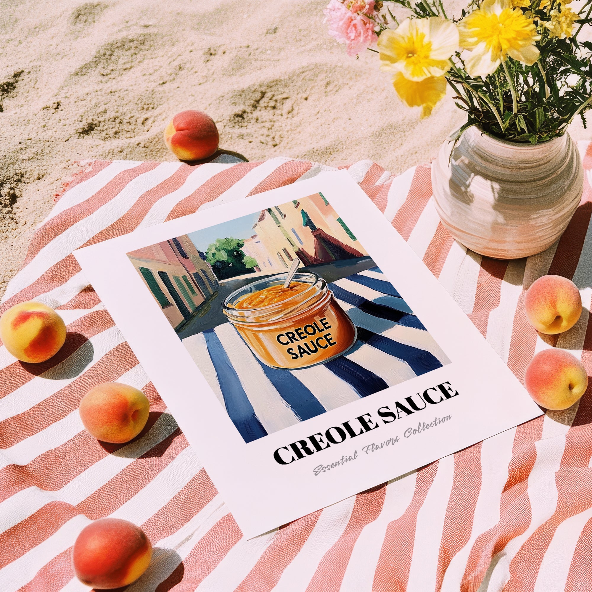 Creole Sauce – Italian Outdoor Café Scene, Food Shelf Illustration, unframed on coastal sand