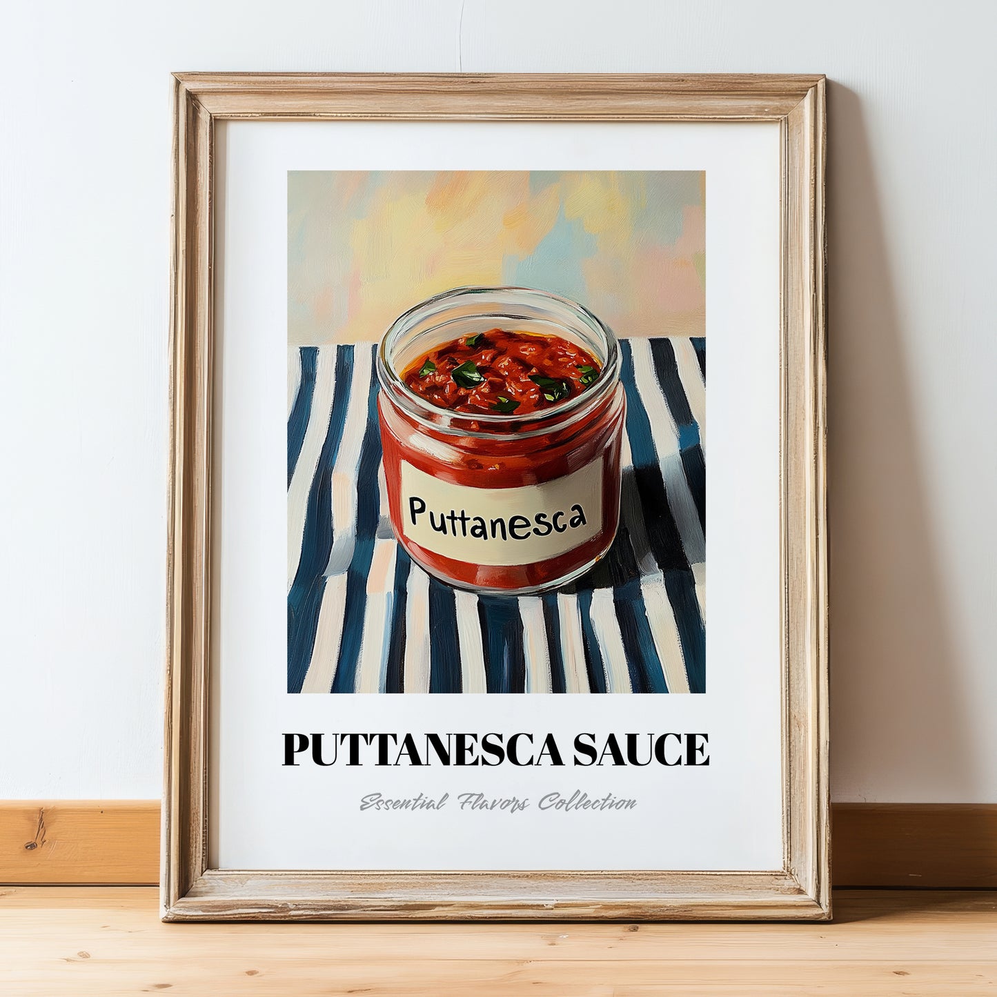 Putanesca Sauce – on Striped Tablecloth, Kitchen Storage Wall Print, in wooden frame leaning on the floor