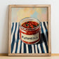Putanesca Sauce – on Striped Tablecloth, Kitchen Storage Wall Print, no-text version framed in wood
