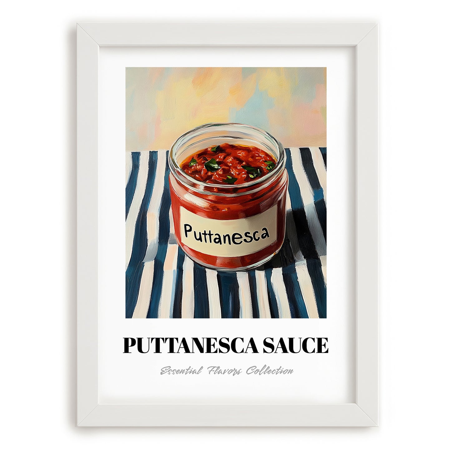 Putanesca Sauce – on Striped Tablecloth, Kitchen Storage Wall Print, placed in minimal white frame