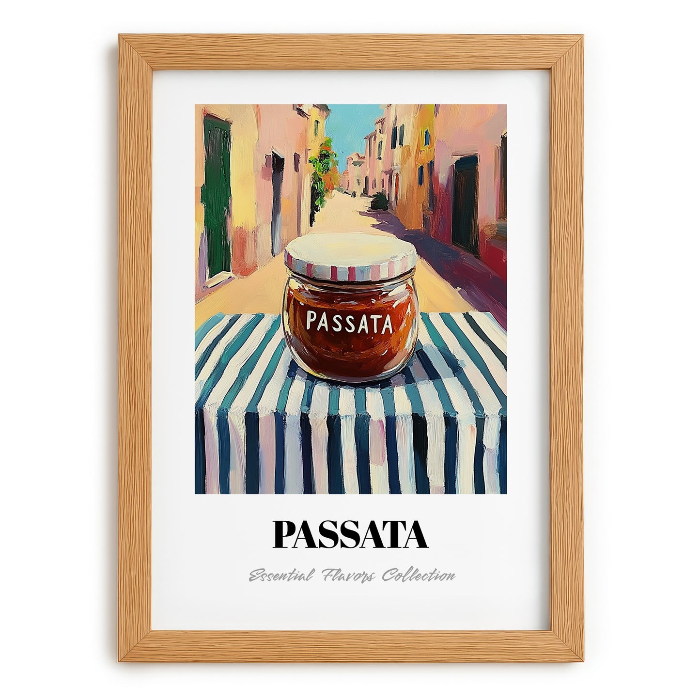 Passata – Italian Street Café Scene, Ingredients Corner Poster, set in oak frame