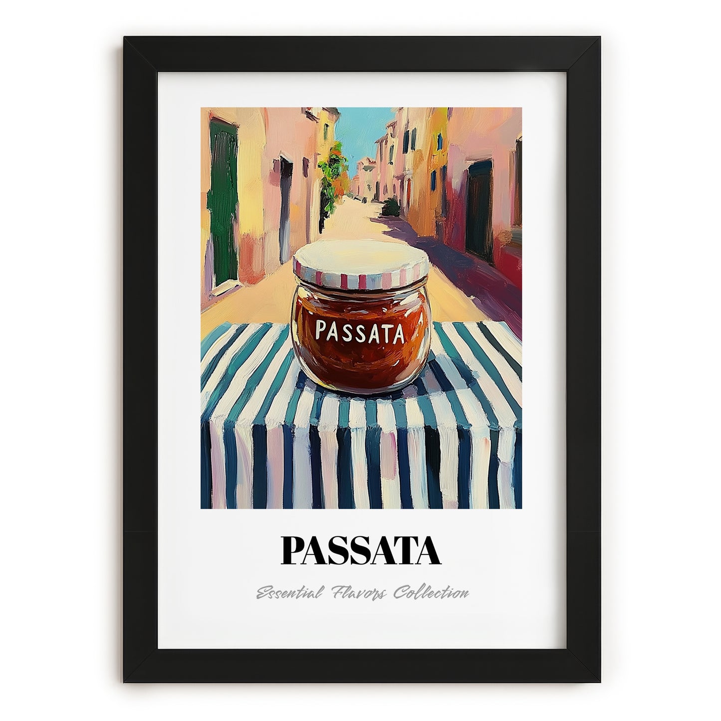 Passata – Italian Street Café Scene, Ingredients Corner Poster, in sleek black frame