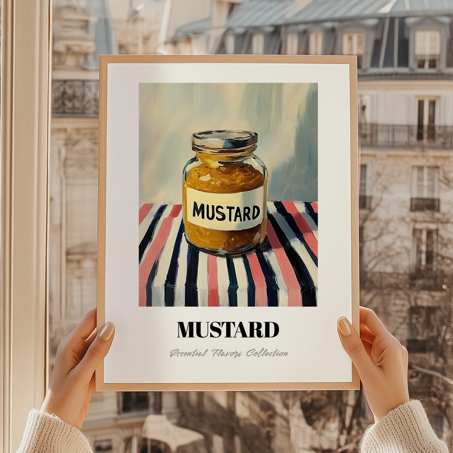 Mustard – on Striped Tablecloth, Bbq Wall Art, styled in a charming Paris street view