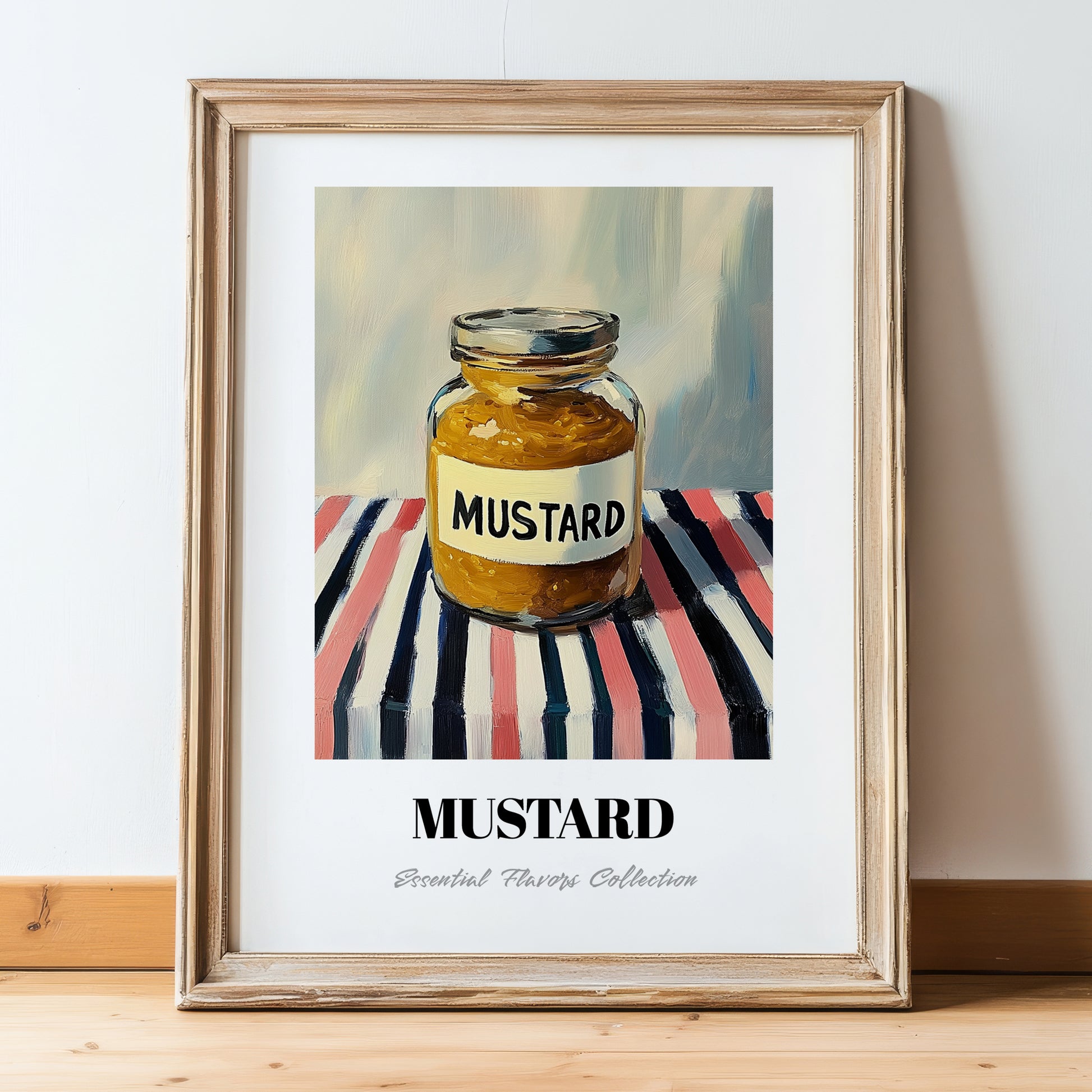 Mustard – on Striped Tablecloth, Bbq Wall Art, in wooden frame leaning on the floor