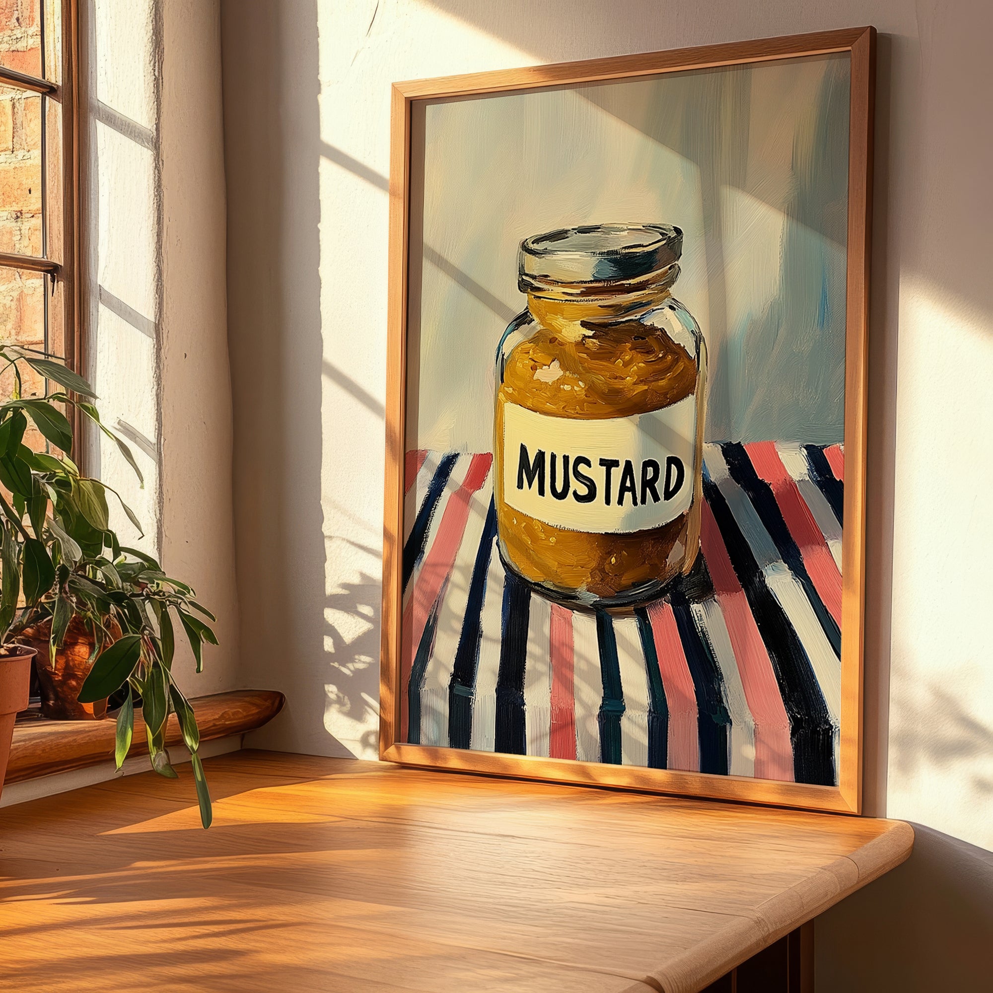 Mustard – on Striped Tablecloth, Bbq Wall Art, clean layout with no caption