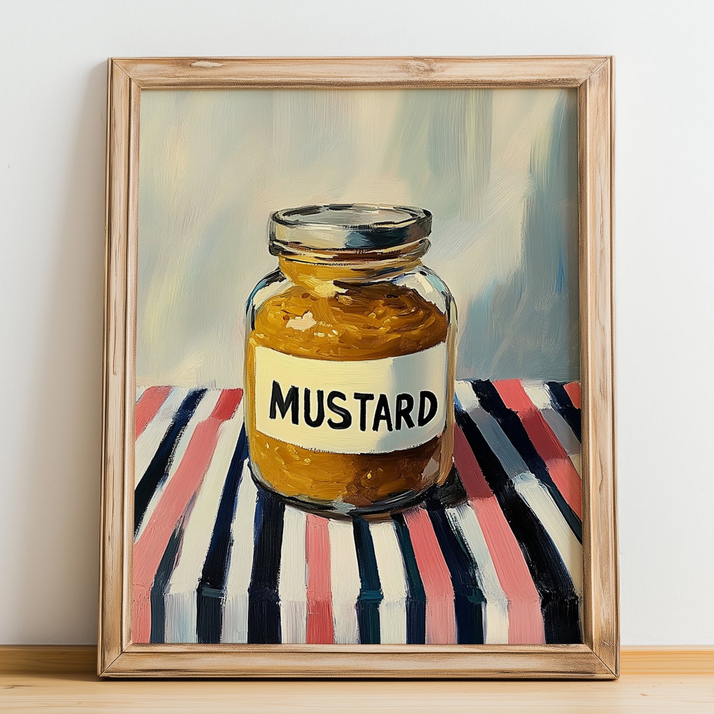 Mustard – on Striped Tablecloth, Bbq Wall Art, no-text version framed in wood