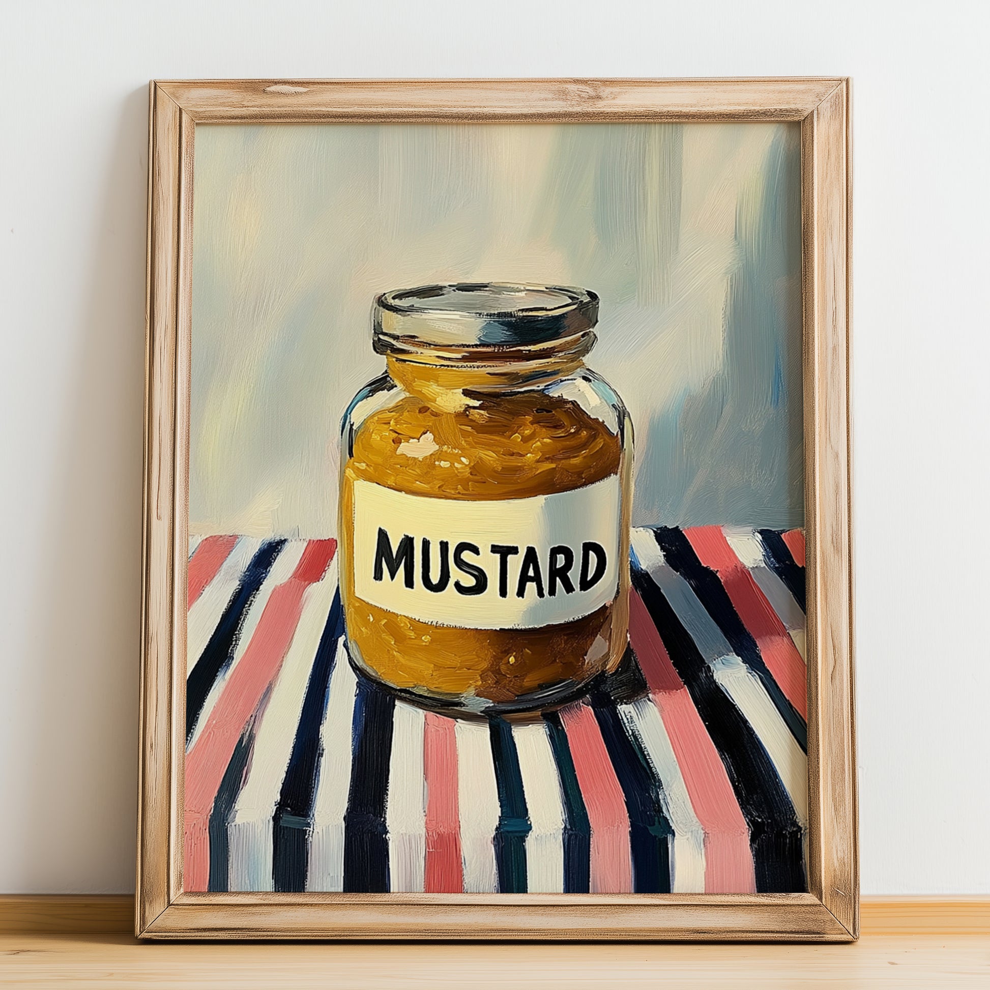 Mustard – on Striped Tablecloth, Bbq Wall Art, no-text version framed in wood