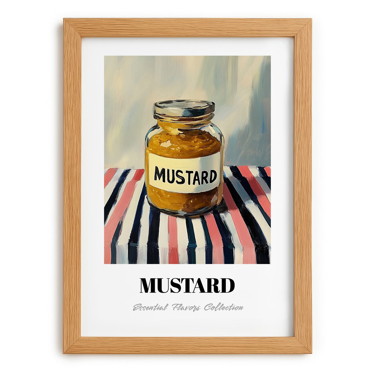 Mustard – on Striped Tablecloth, Bbq Wall Art, set in oak frame