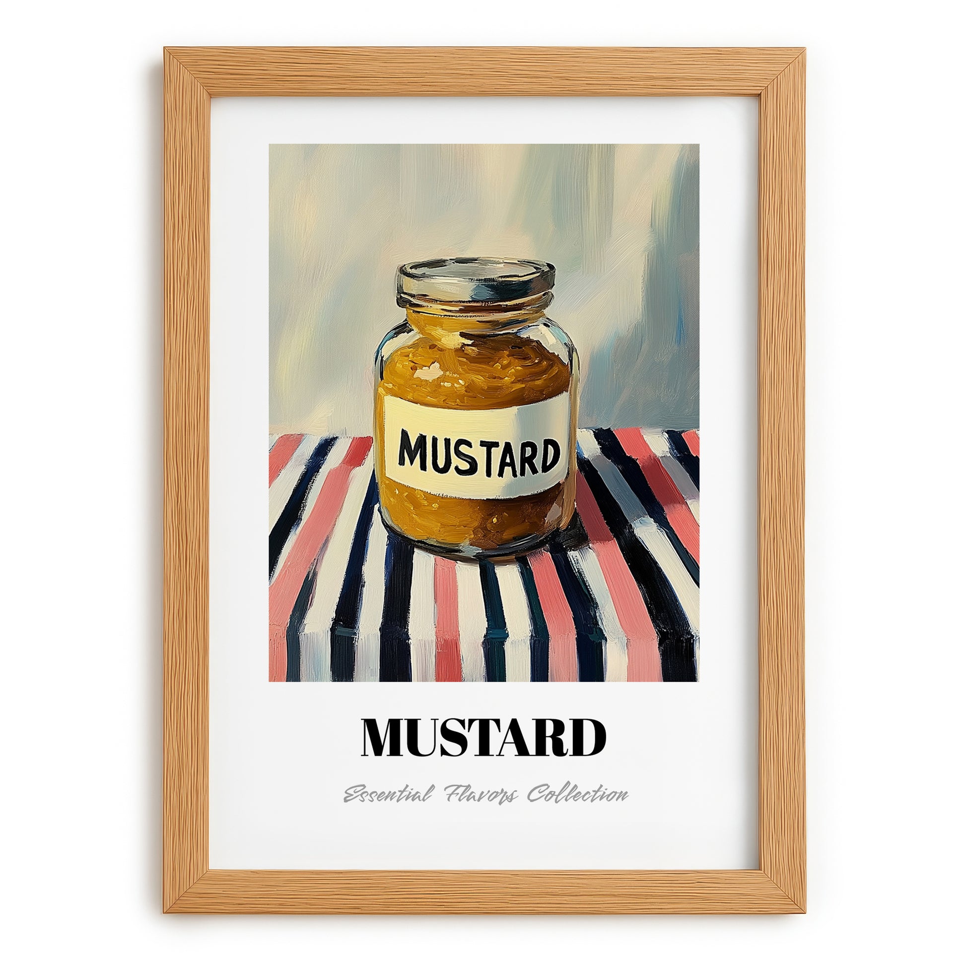 Mustard – on Striped Tablecloth, Bbq Wall Art, set in oak frame