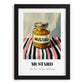 Mustard – on Striped Tablecloth, Bbq Wall Art, in sleek black frame