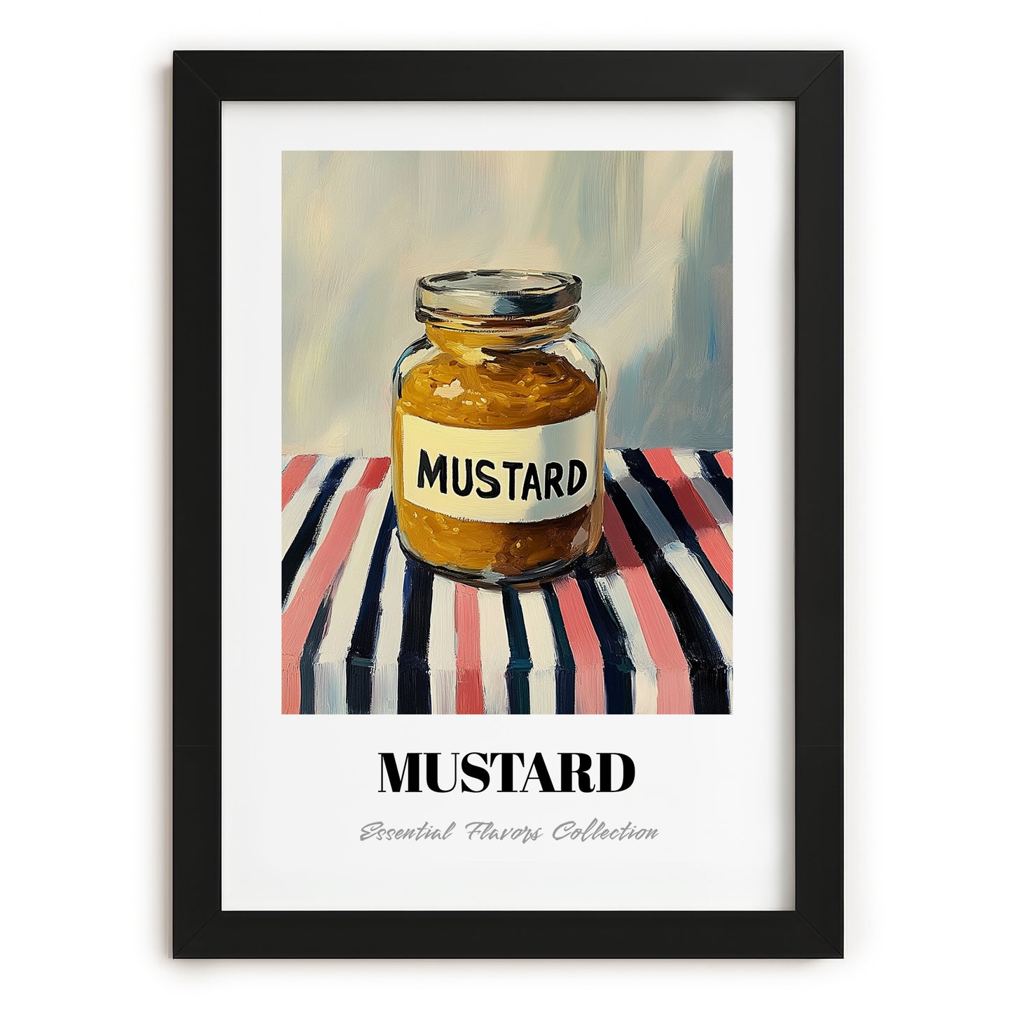 Mustard – on Striped Tablecloth, Bbq Wall Art, in sleek black frame