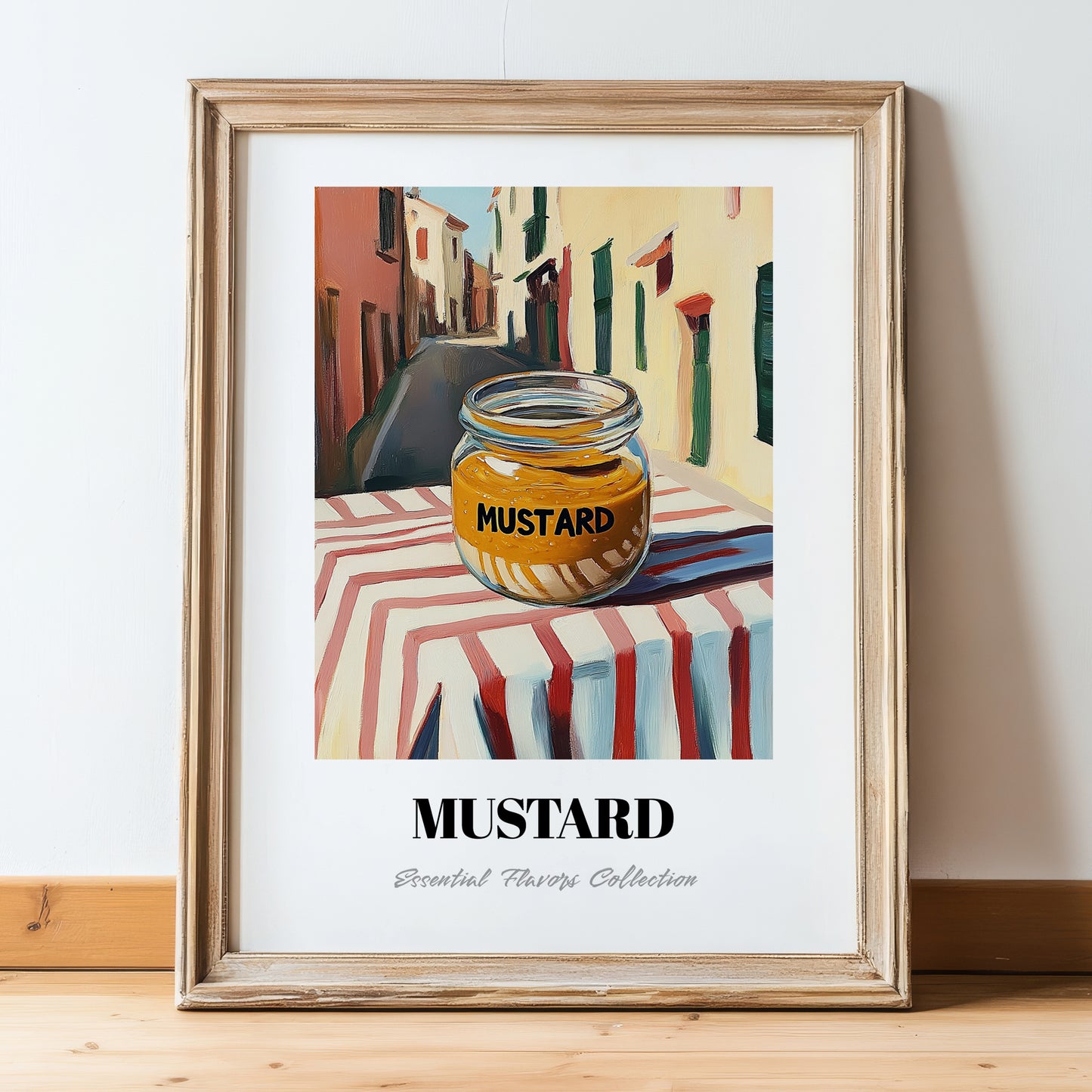Mustard – Italian Street Café Scene, Pantry Wall Decor, in wooden frame leaning on the floor