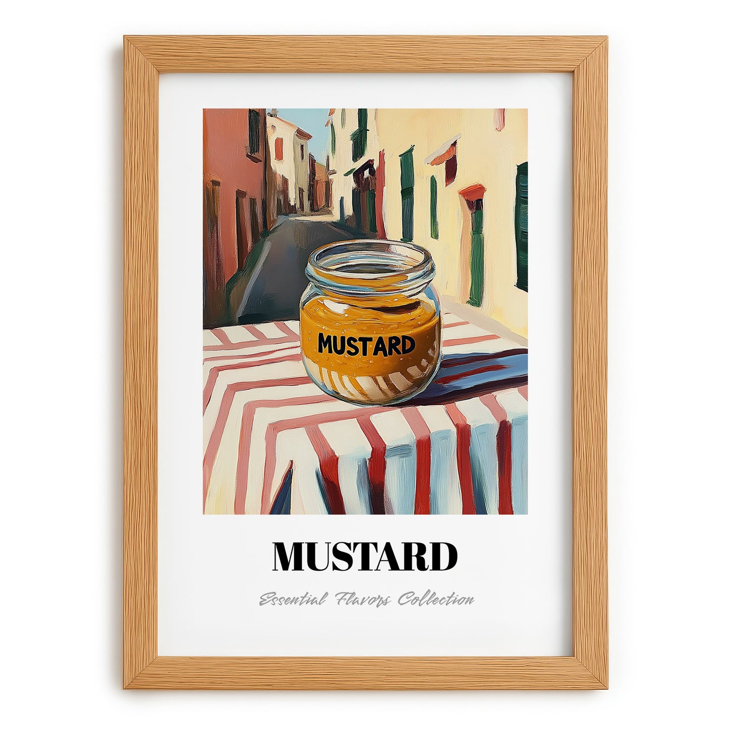 Mustard – Italian Street Café Scene, Pantry Wall Decor, set in oak frame