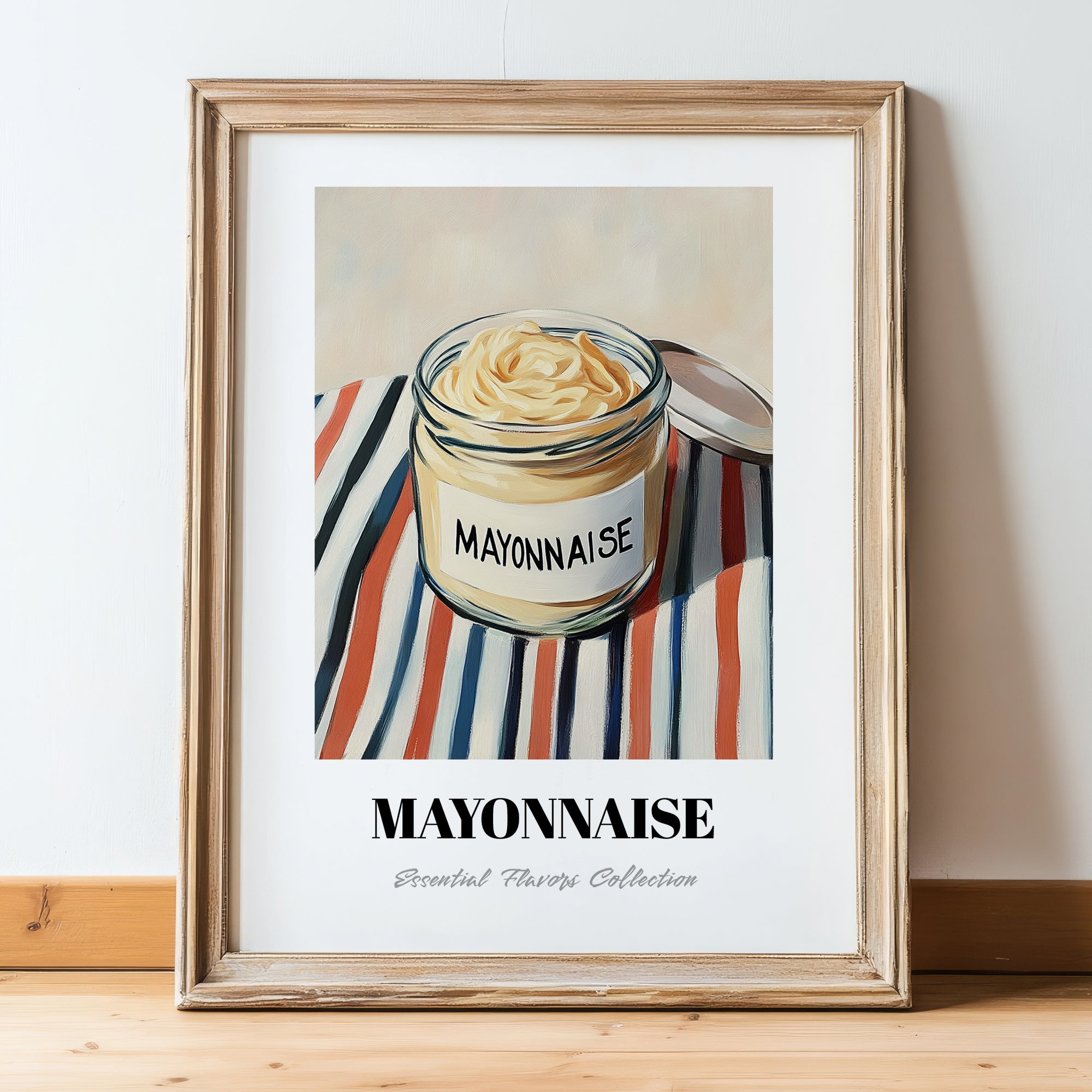 Mayonnaise – on Striped Tablecloth, Ingredients Corner Wall Decor, in wooden frame leaning on the floor