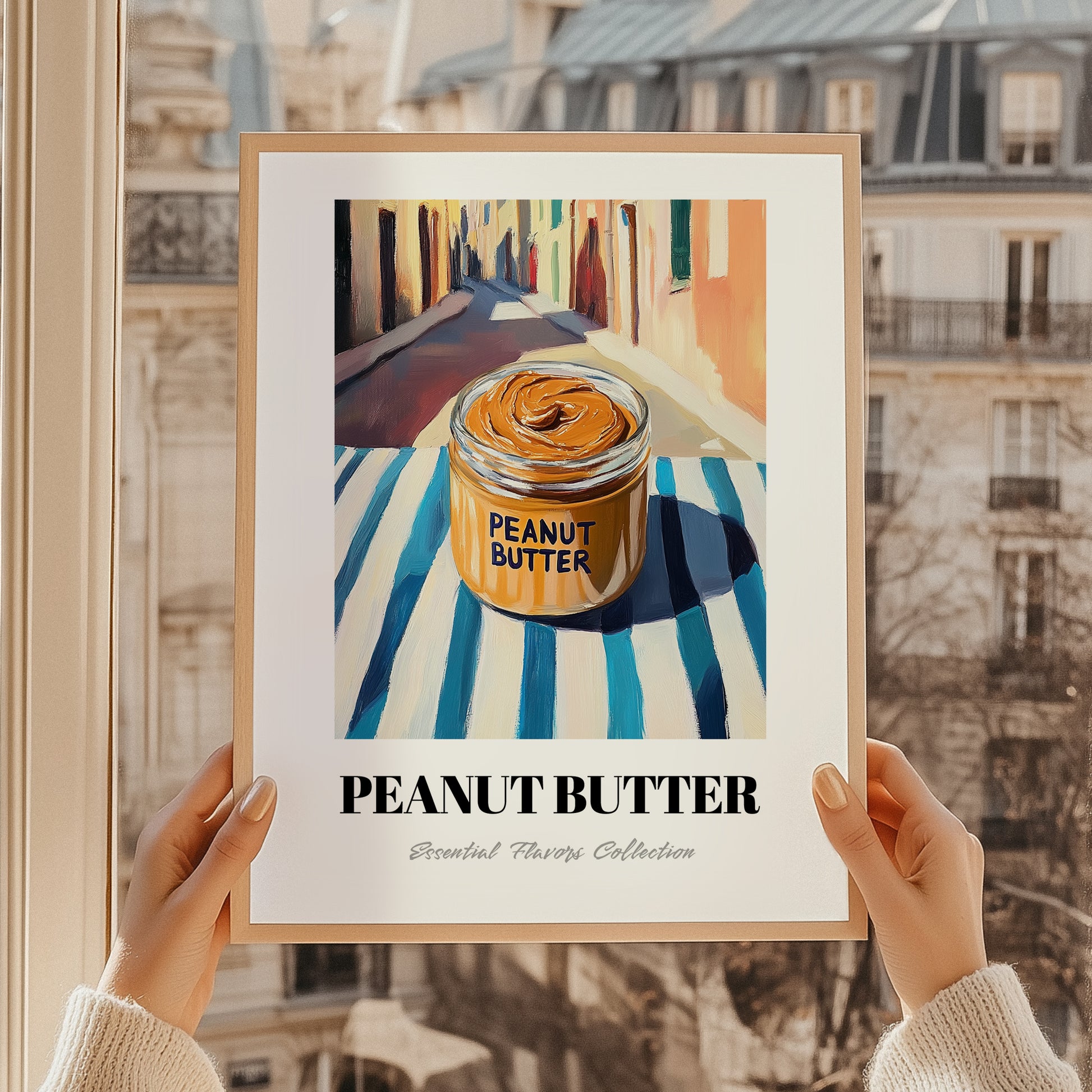 Peanut Butter – on Striped Tablecloth, Pantry Painting, styled in a charming Paris street view