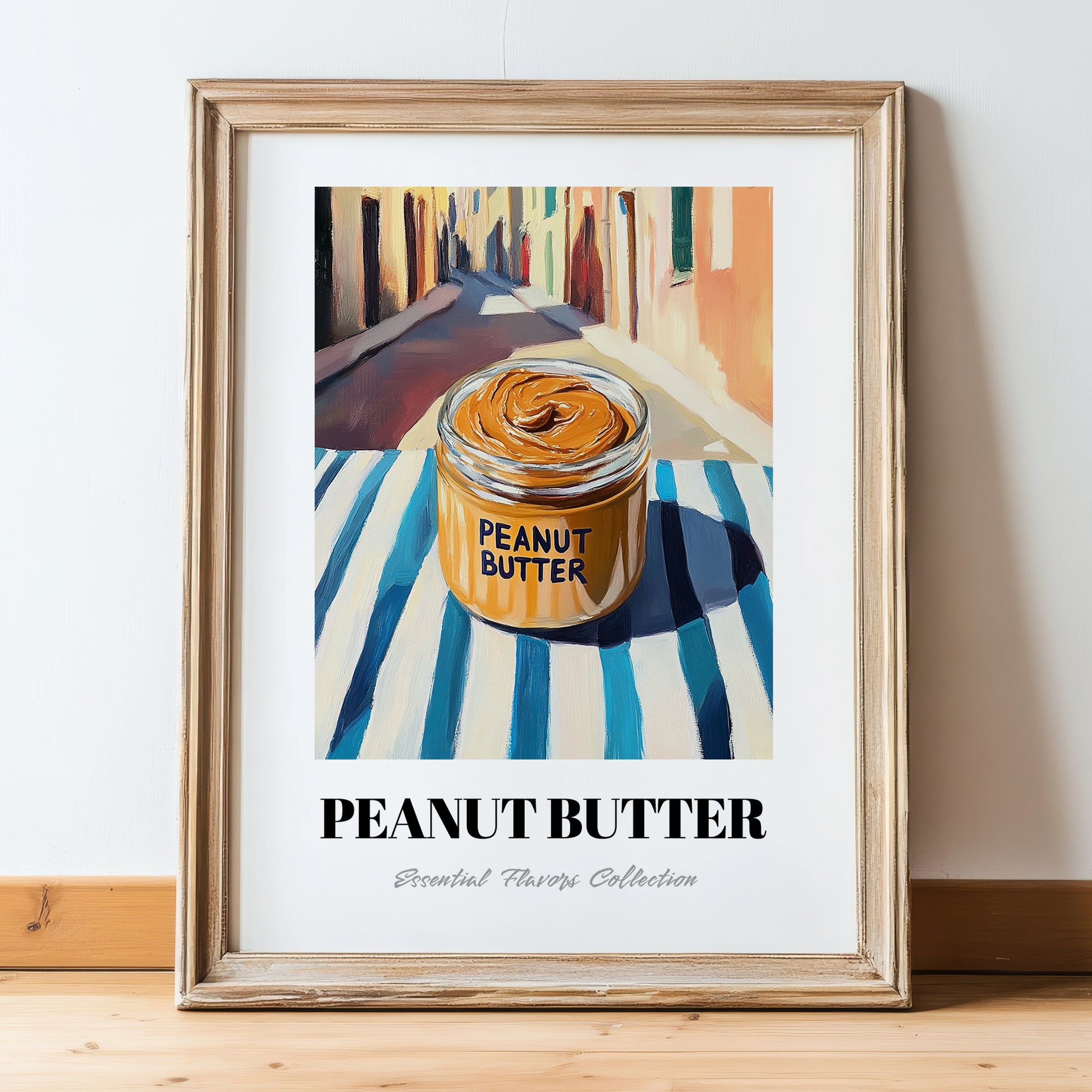 Peanut Butter – on Striped Tablecloth, Pantry Painting, in wooden frame leaning on the floor