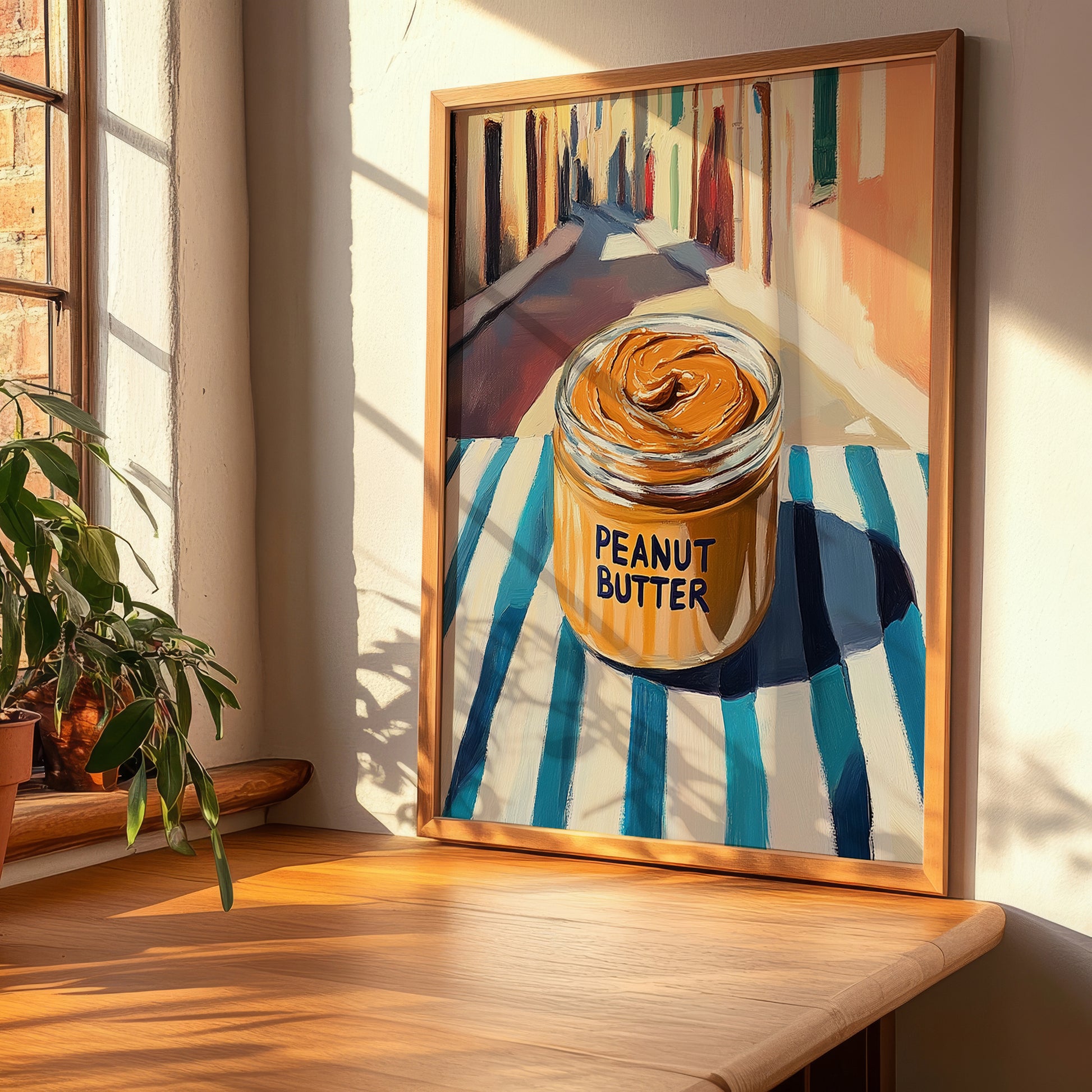 Peanut Butter – on Striped Tablecloth, Pantry Painting, clean layout with no caption