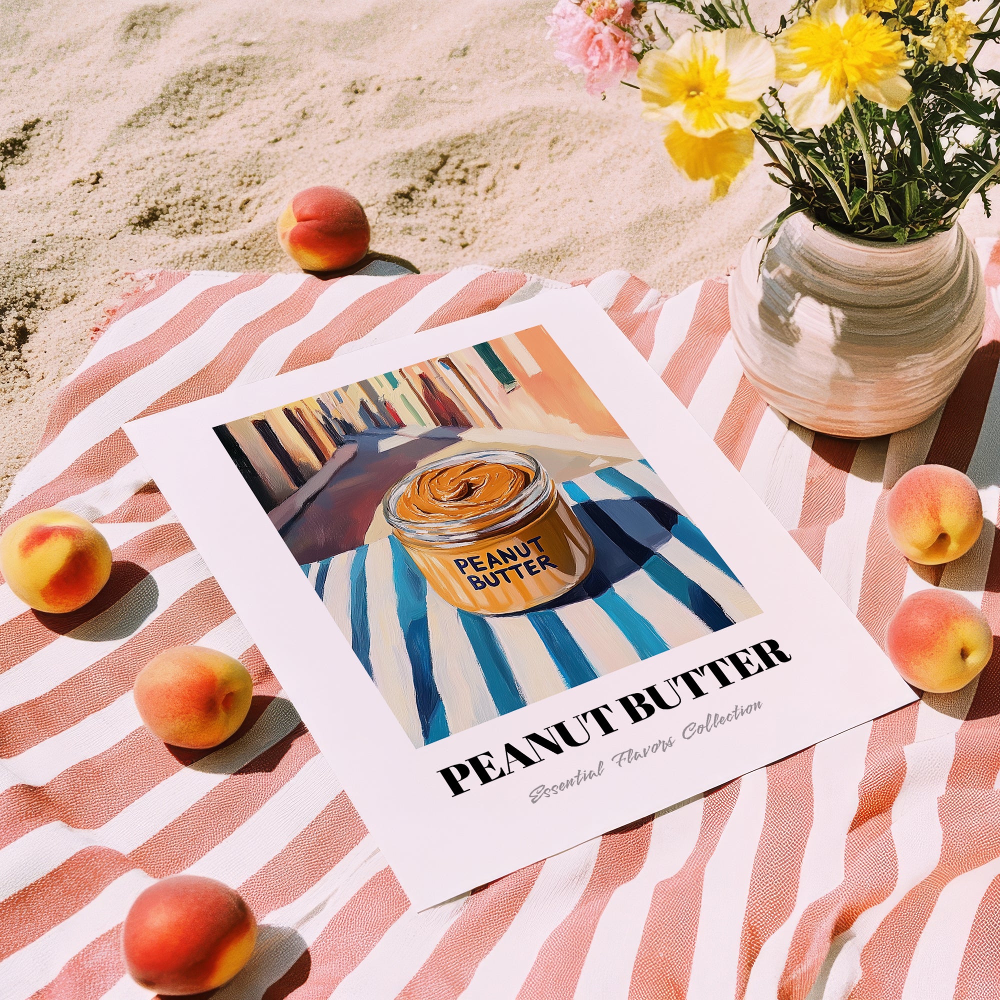 Peanut Butter – on Striped Tablecloth, Pantry Painting, unframed on coastal sand